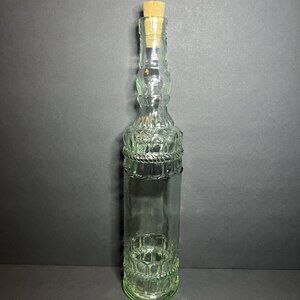 Vintage Recycled Decorative Green Ornate Glass Olive Oil Bottle w/ Cork 13.25"